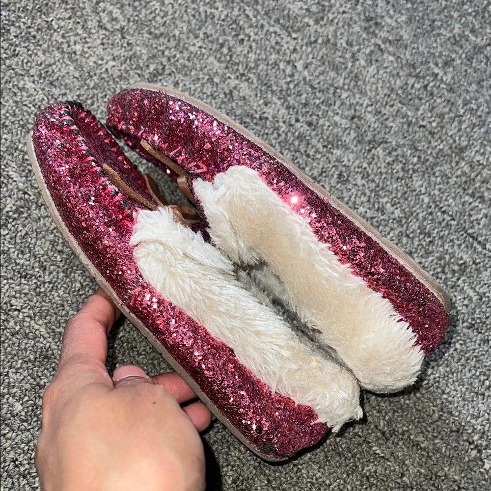 Pink Glitter Moccasin Slippers with Faux Fur Lining